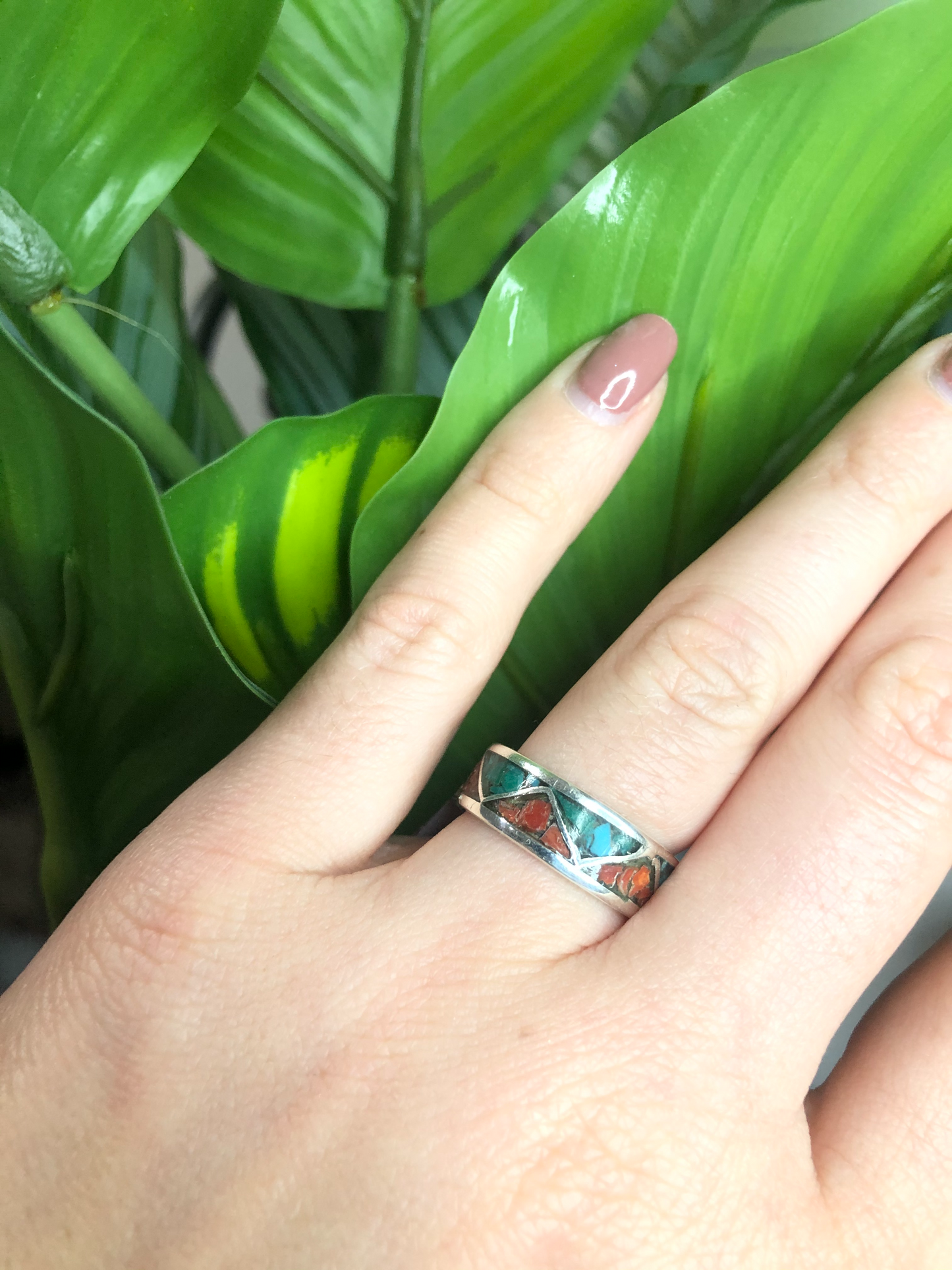 Eternity Sterling Silver Coral and turquoise Chip Inlay Ring