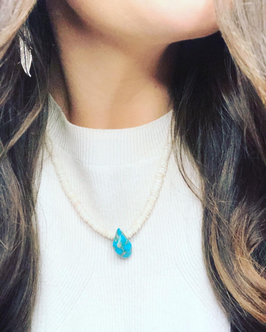 Sterling Silver Royston Turquoise Stone + Heishi Necklace