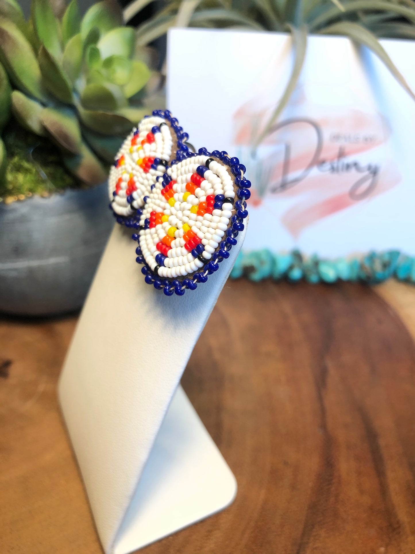 Authentic Handmade Vintage Navy Blue Seed Bead Rosette Earrings