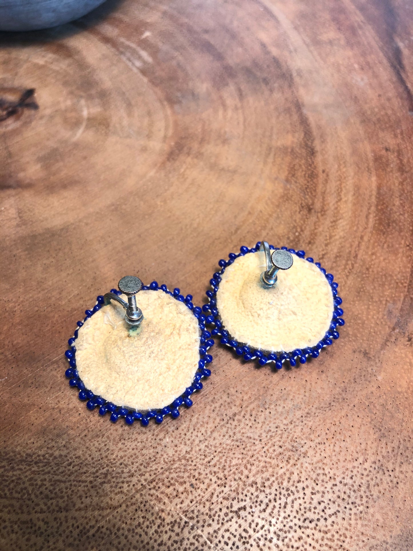 Authentic Handmade Vintage Navy Blue Seed Bead Rosette Earrings