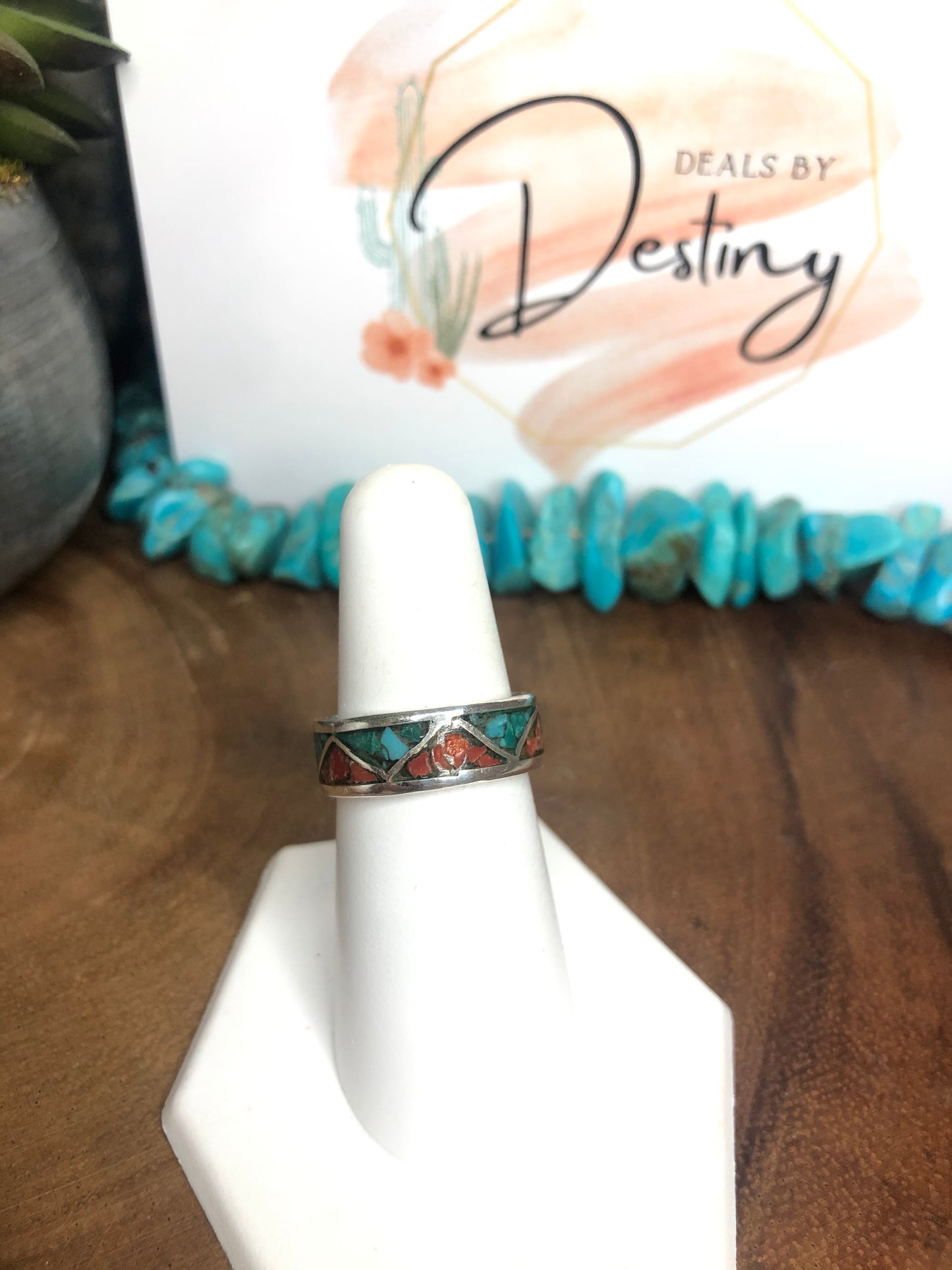 Eternity Sterling Silver Coral and turquoise Chip Inlay Ring