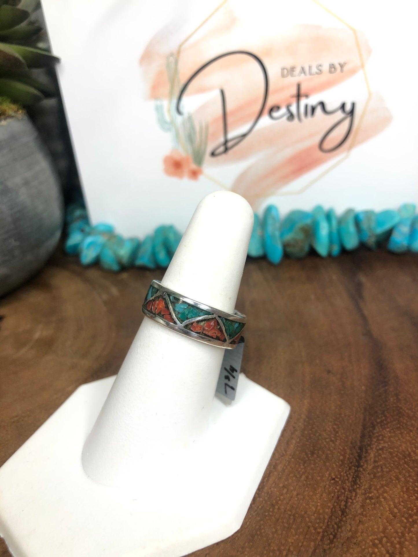 Eternity Sterling Silver Coral and turquoise Chip Inlay Ring