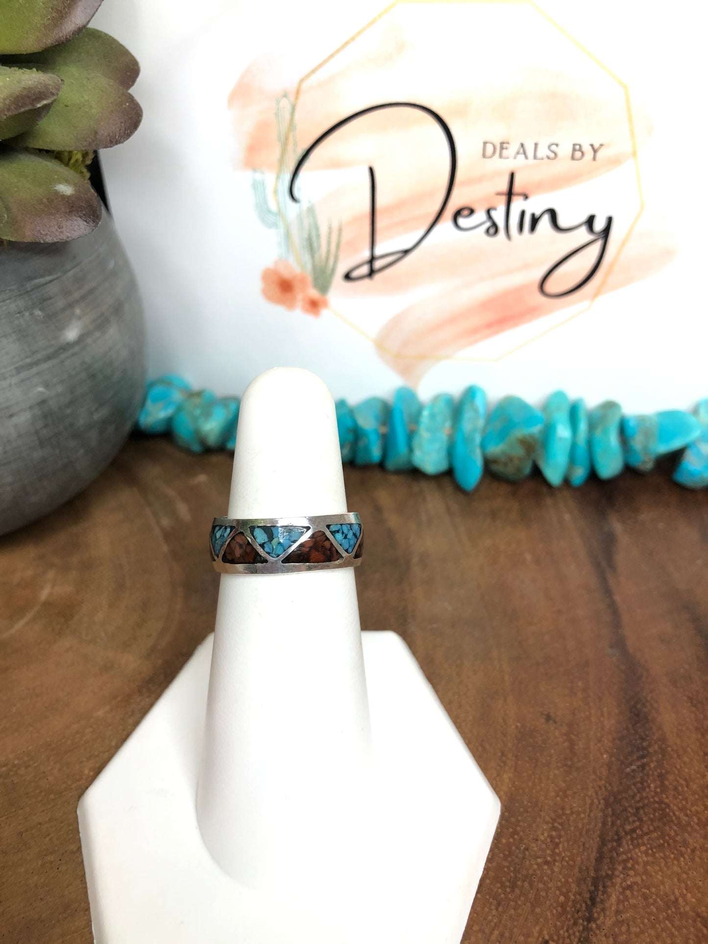 Old Pawn Sterling Silver Eternity Coral and Turquoise Chip Inlay Ring