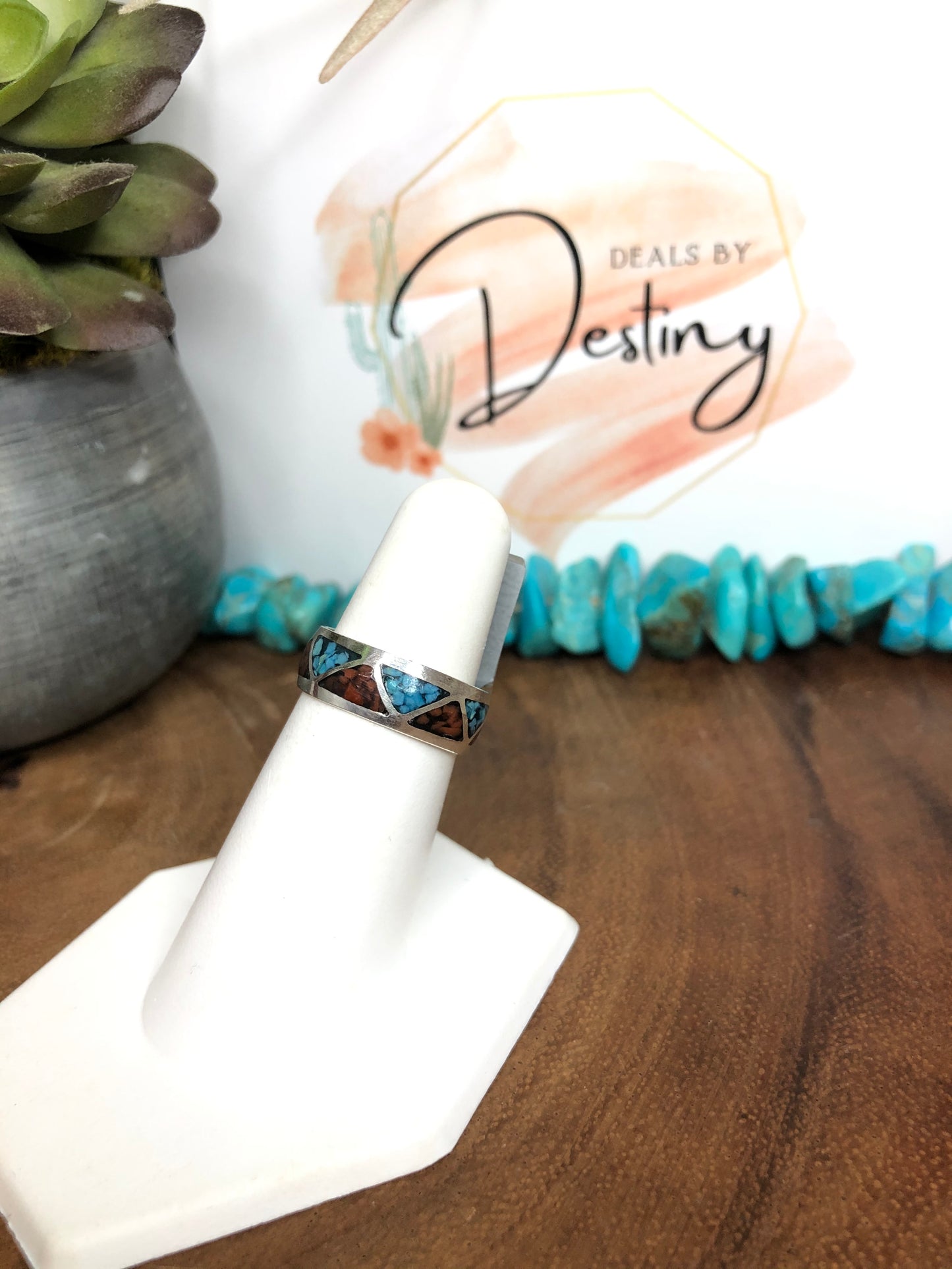 Old Pawn Sterling Silver Eternity Coral and Turquoise Chip Inlay Ring