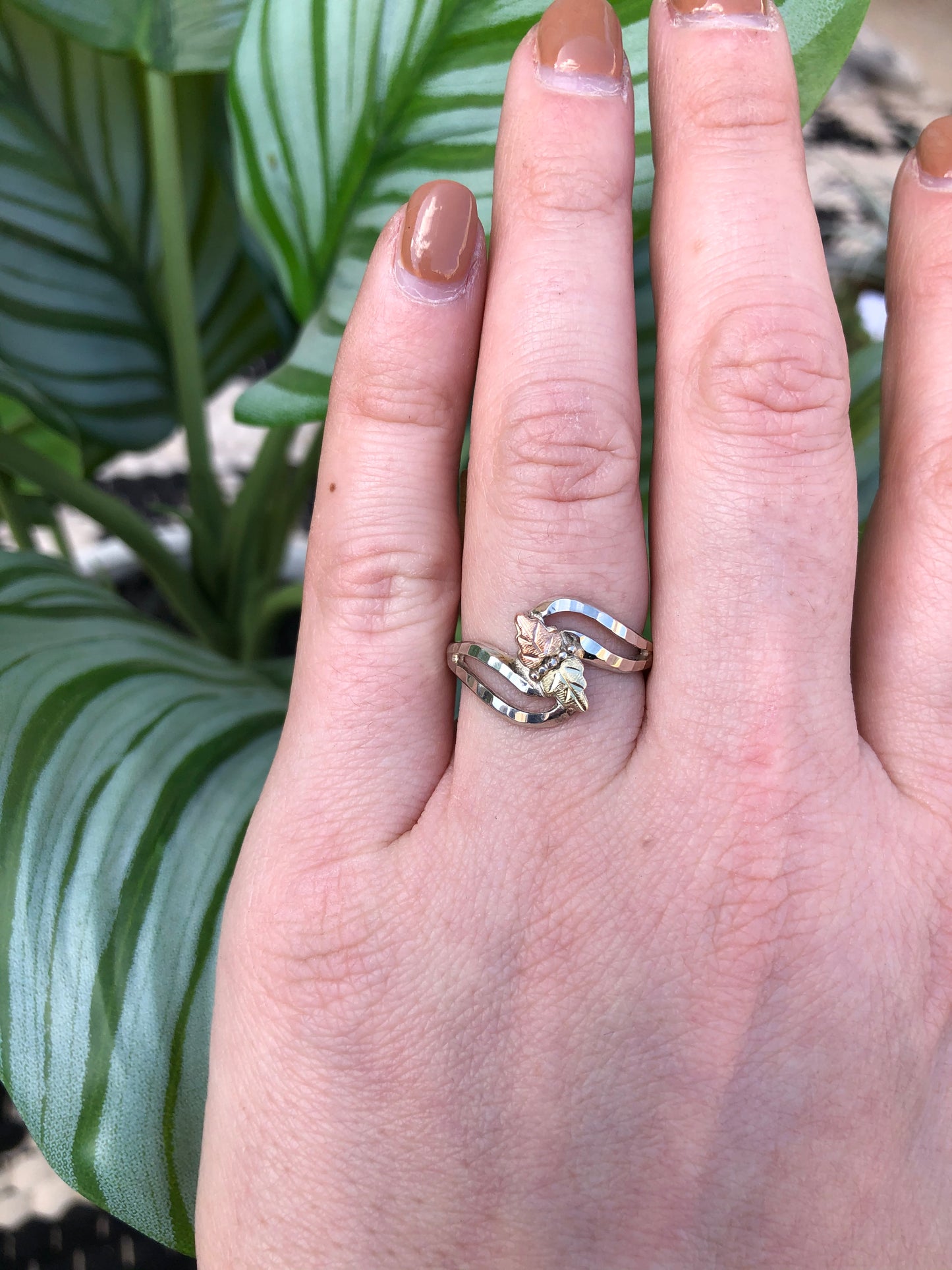 Yellow and Rose Gold Leaf Sterling Silver Ring