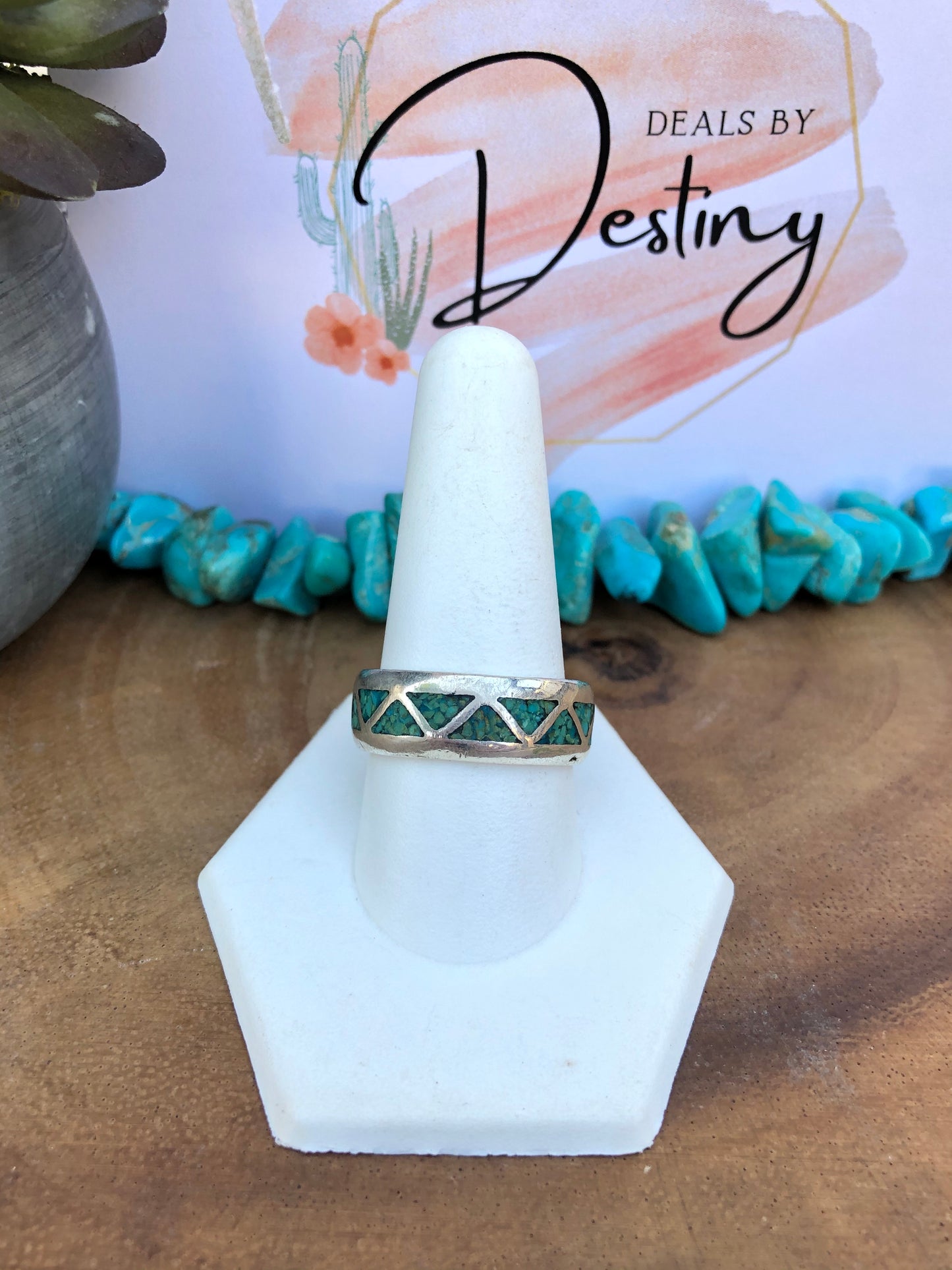 Vintage Sterling Silver Green Turquoise Chip Inlay Ring