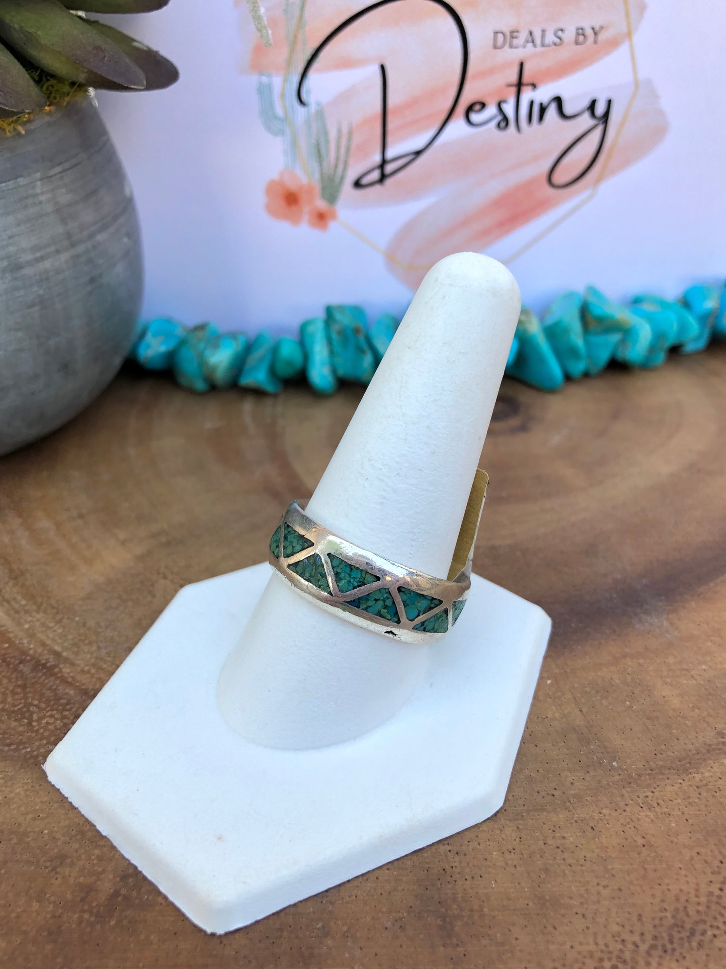 Vintage Sterling Silver Green Turquoise Chip Inlay Ring
