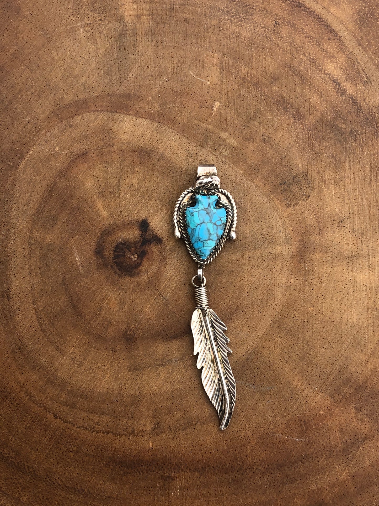 Vintage Sterling Silver Turquoise Arrowhead and Feather Pendant