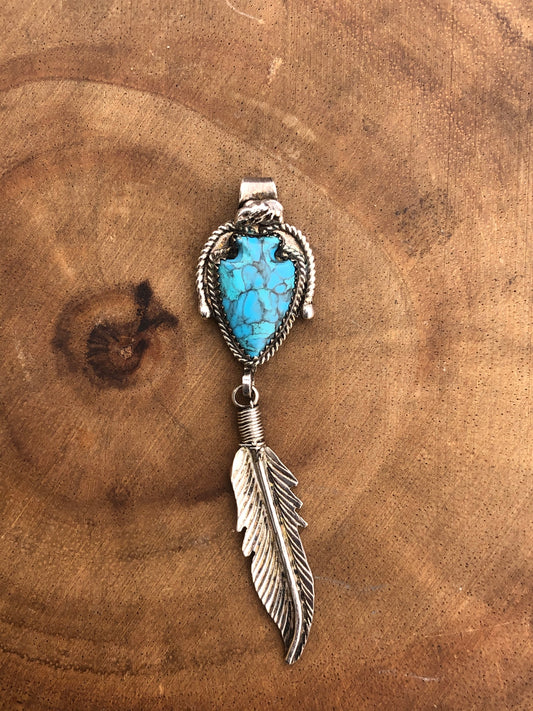 Vintage Sterling Silver Turquoise Arrowhead and Feather Pendant