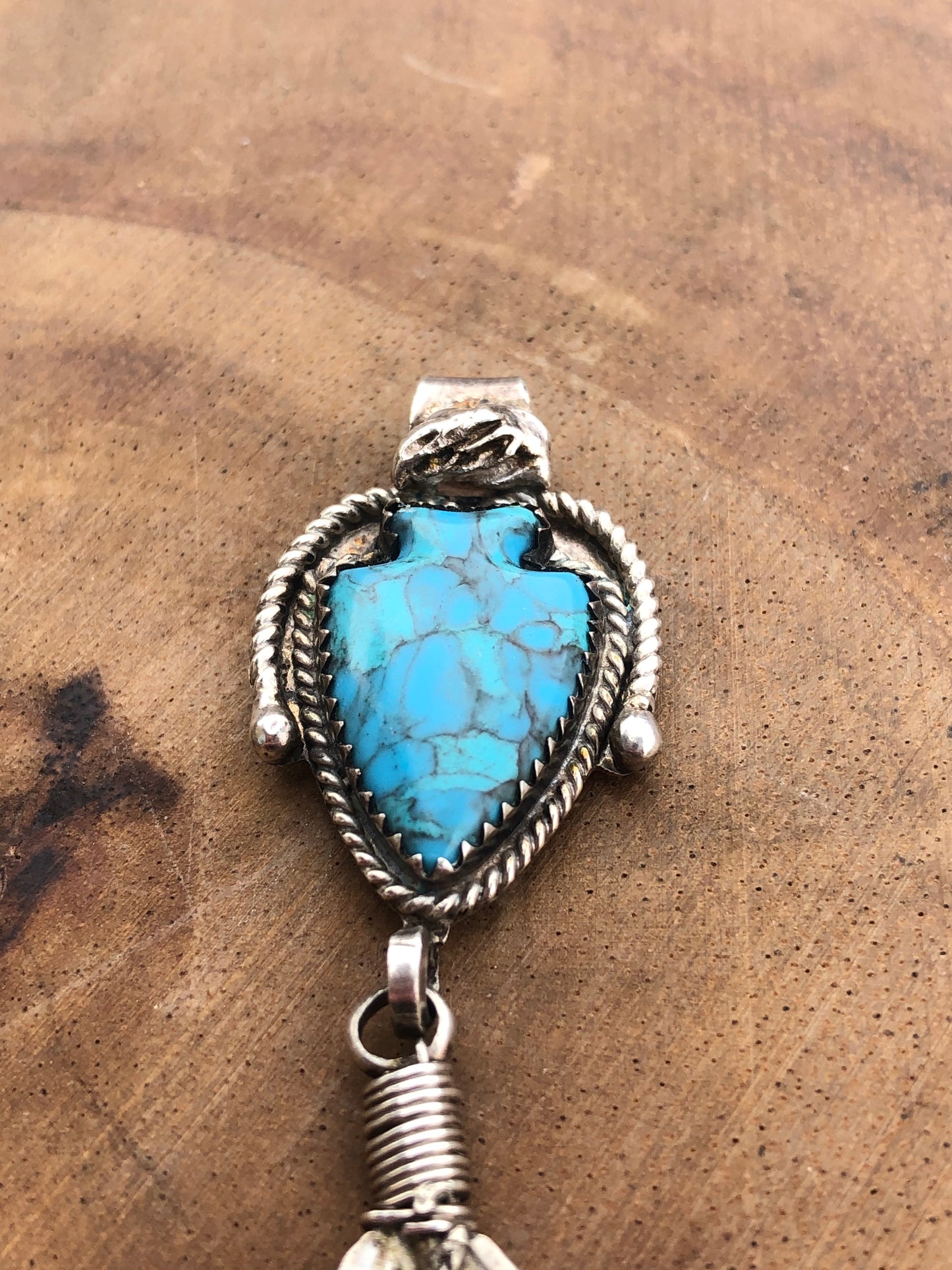 Vintage Sterling Silver Turquoise Arrowhead and Feather Pendant