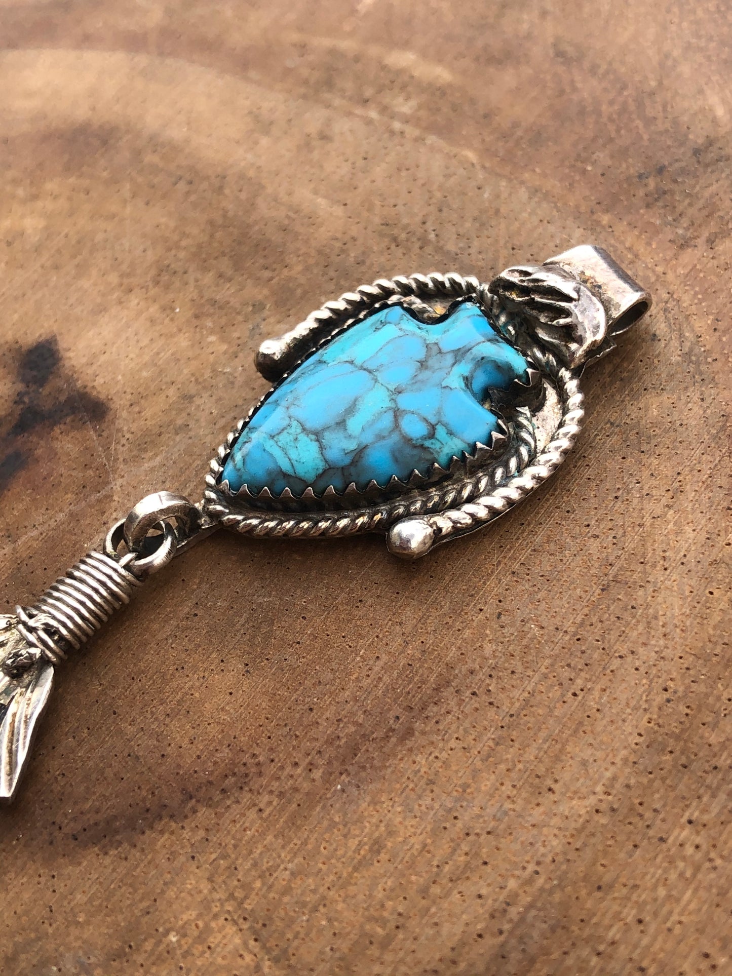 Vintage Sterling Silver Turquoise Arrowhead and Feather Pendant