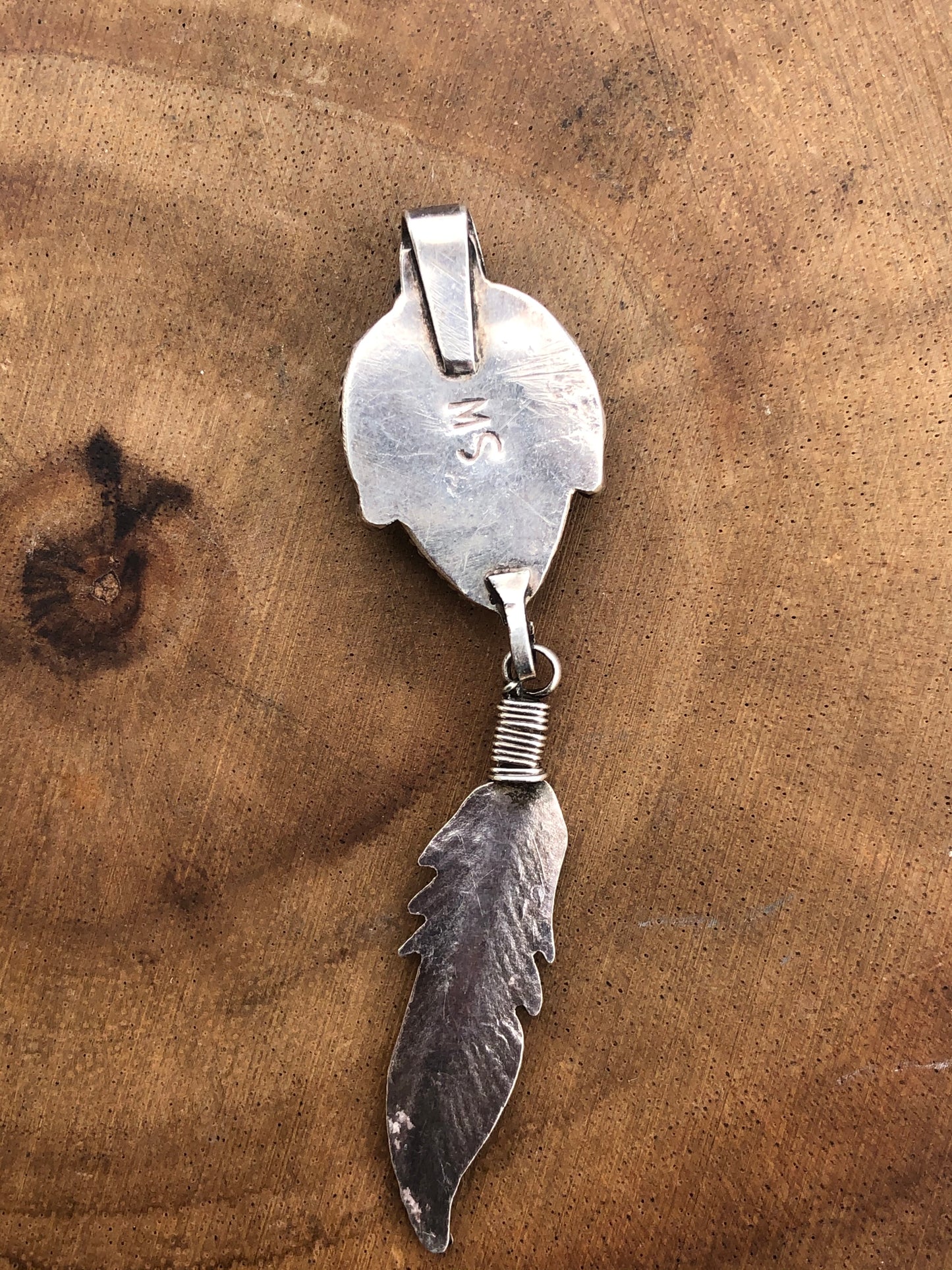 Vintage Sterling Silver Turquoise Arrowhead and Feather Pendant