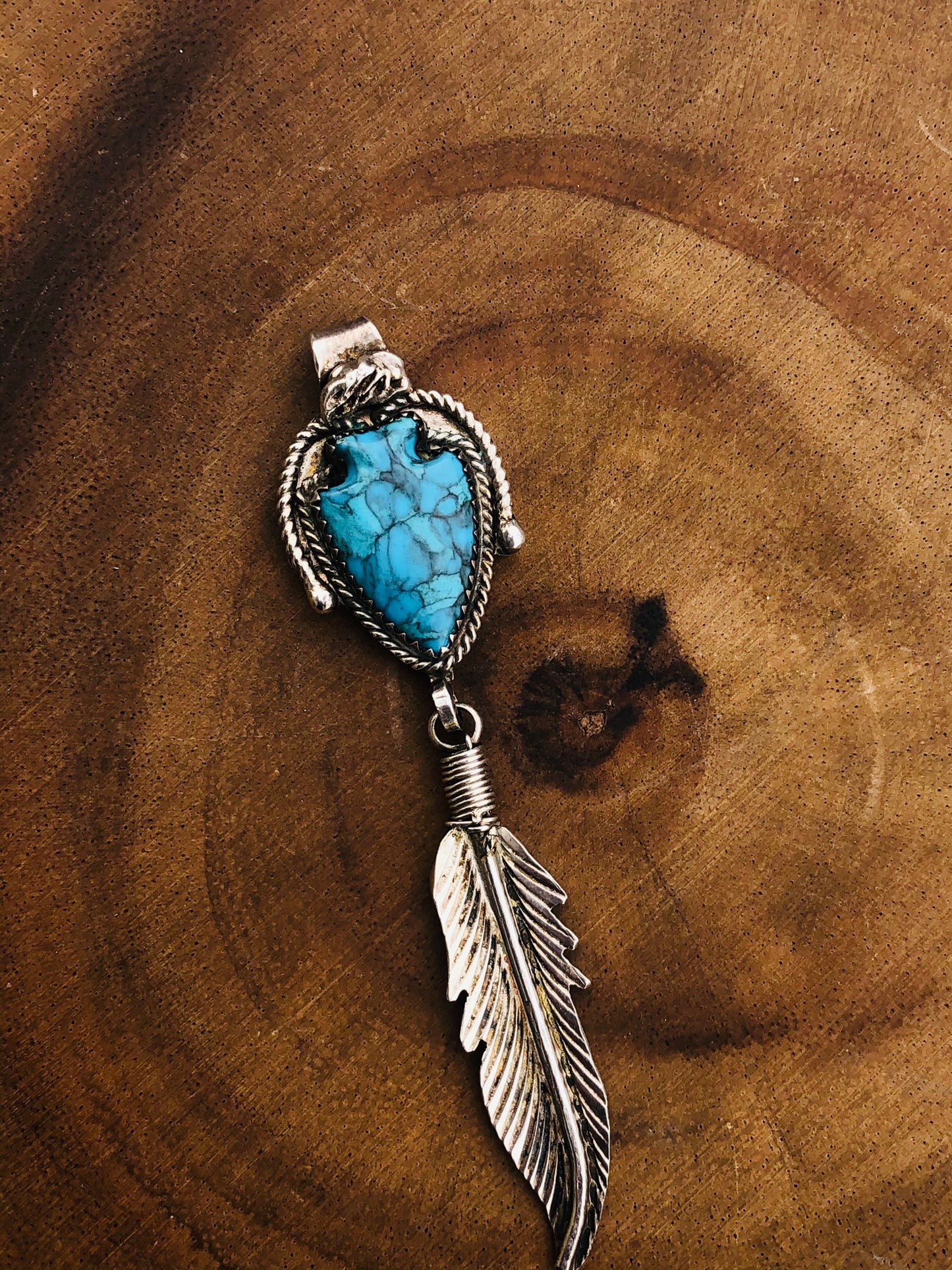 Vintage Sterling Silver Turquoise Arrowhead and Feather Pendant