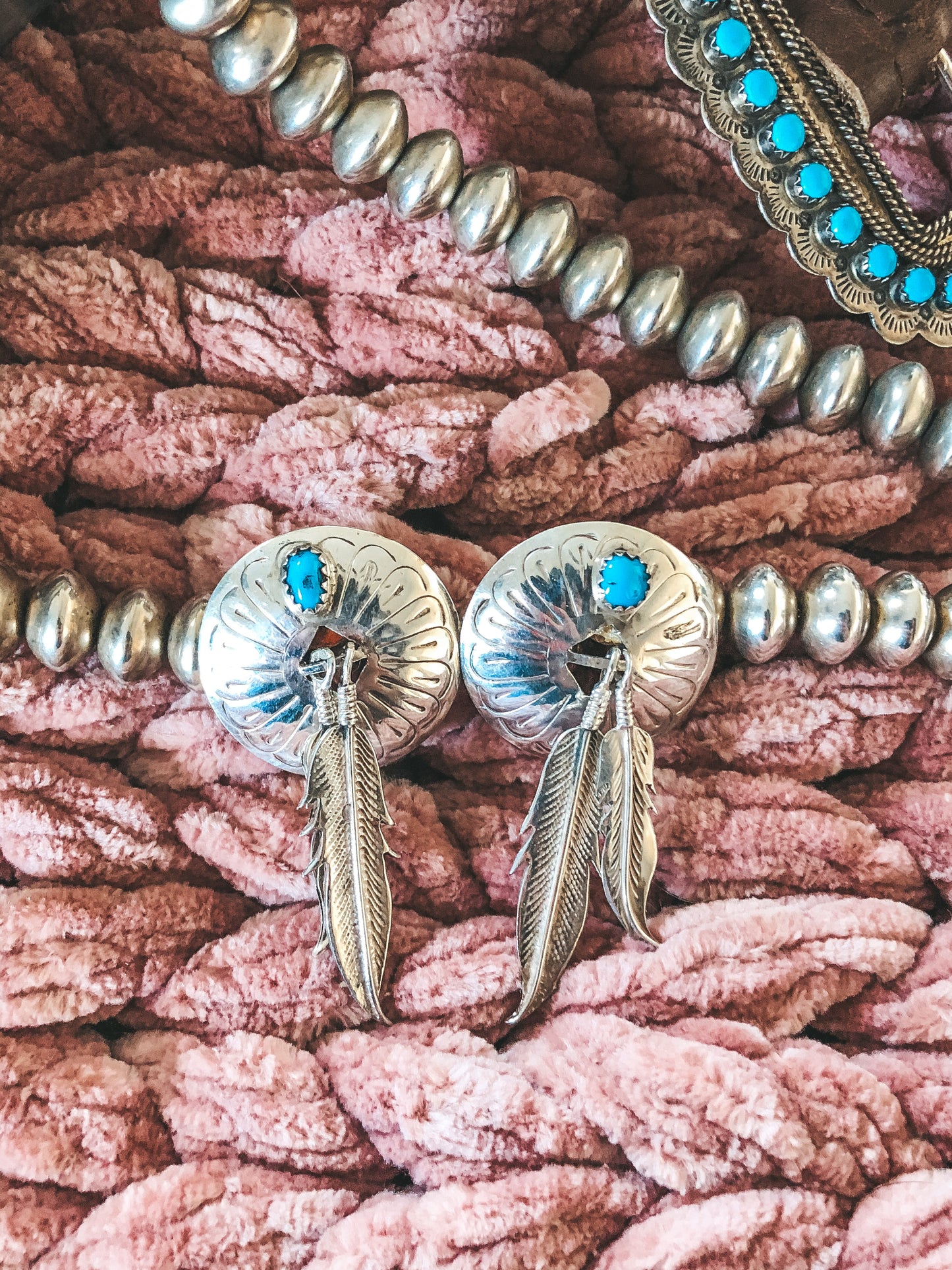 Feather and Turquoise Vintage Sterling Earrings