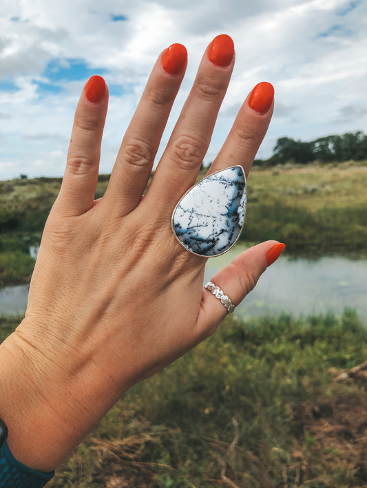 New Sterling Extra Large Dreamy Agate Adjustable Ring