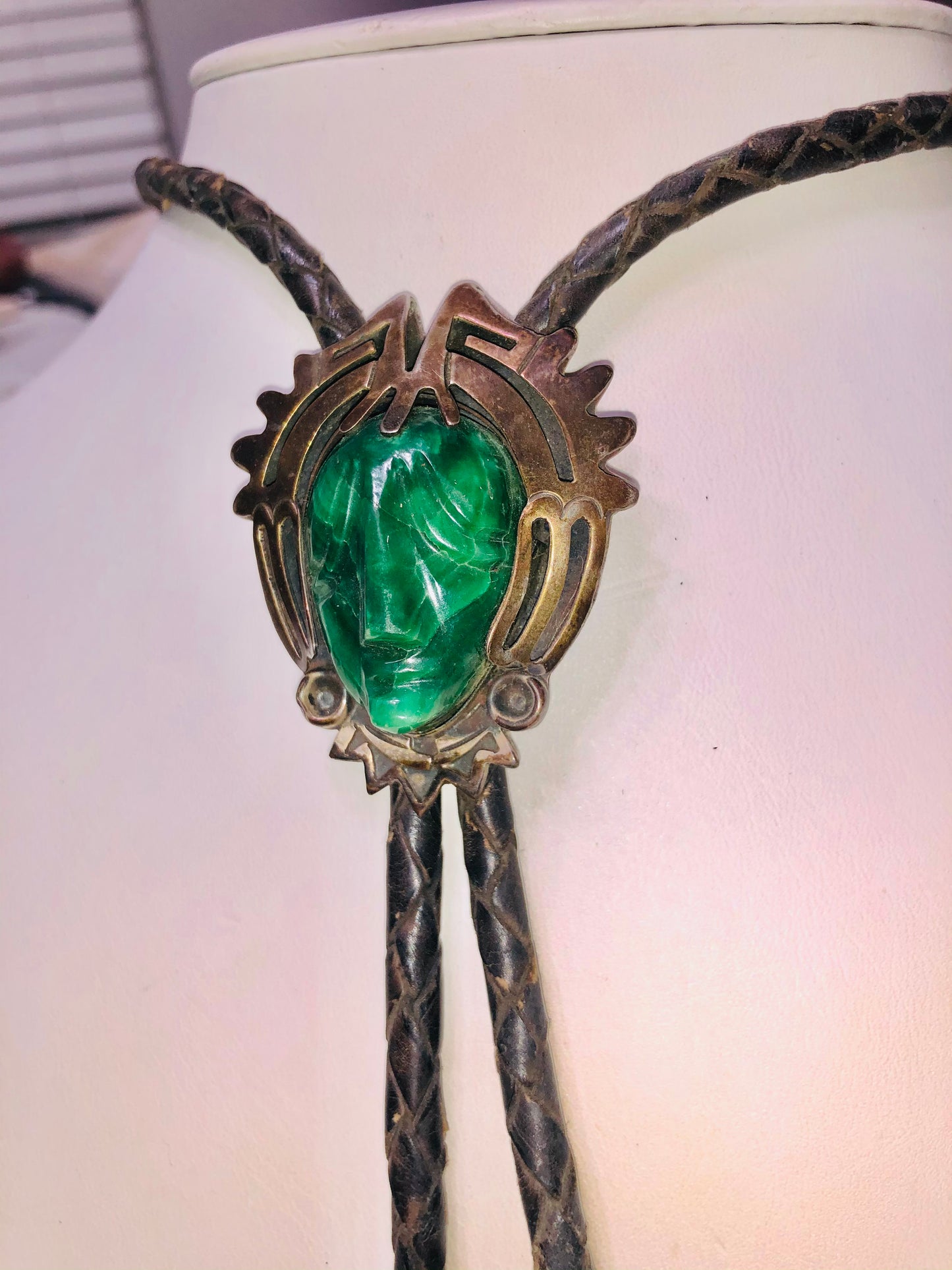 Old Pawn Vintage Brass + Silver Malachite Stone Face Bolo Tie