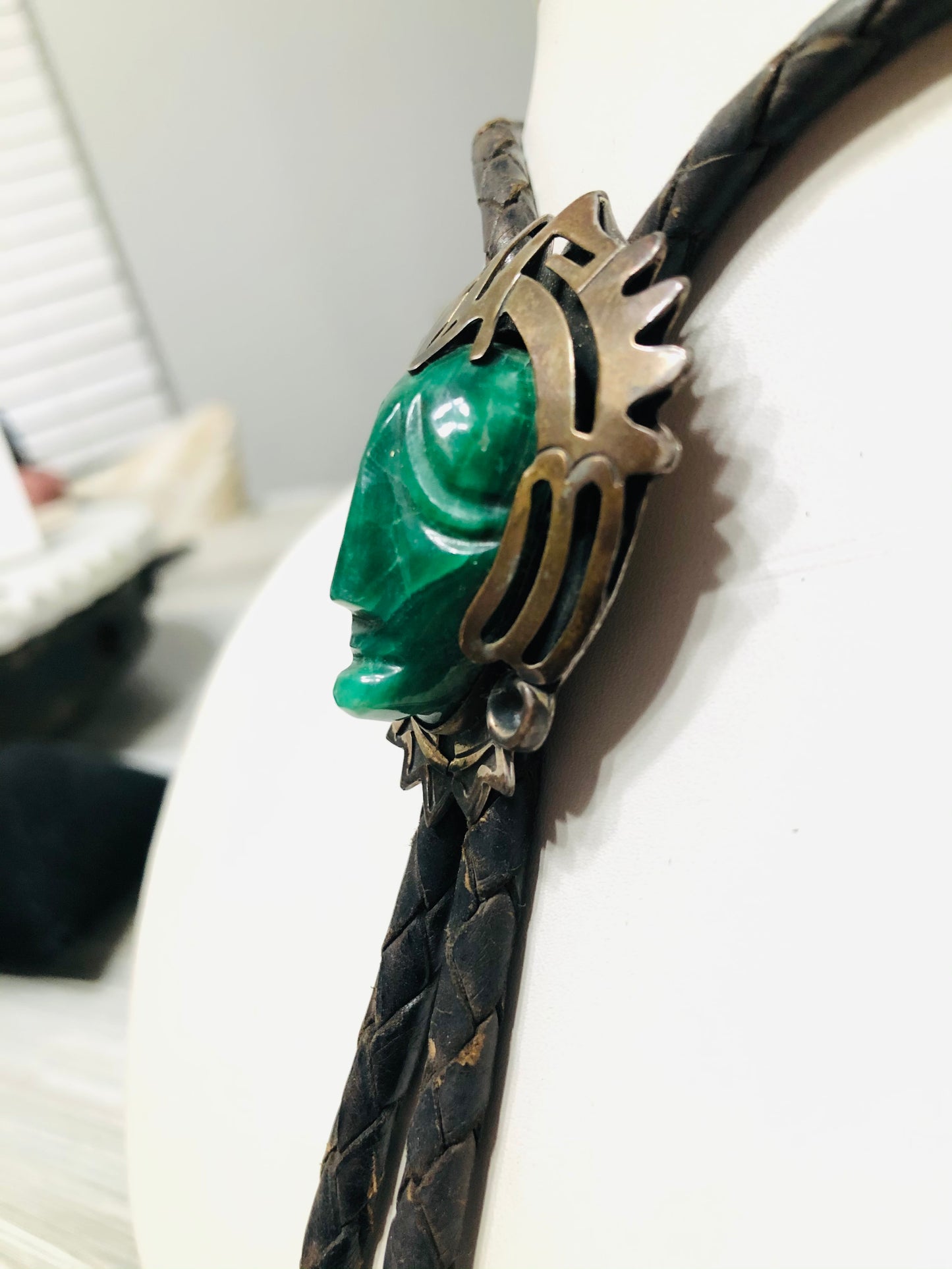 Old Pawn Vintage Brass + Silver Malachite Stone Face Bolo Tie