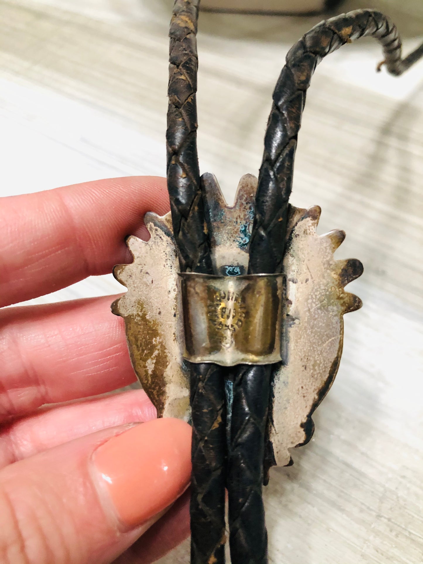 Old Pawn Vintage Brass + Silver Malachite Stone Face Bolo Tie