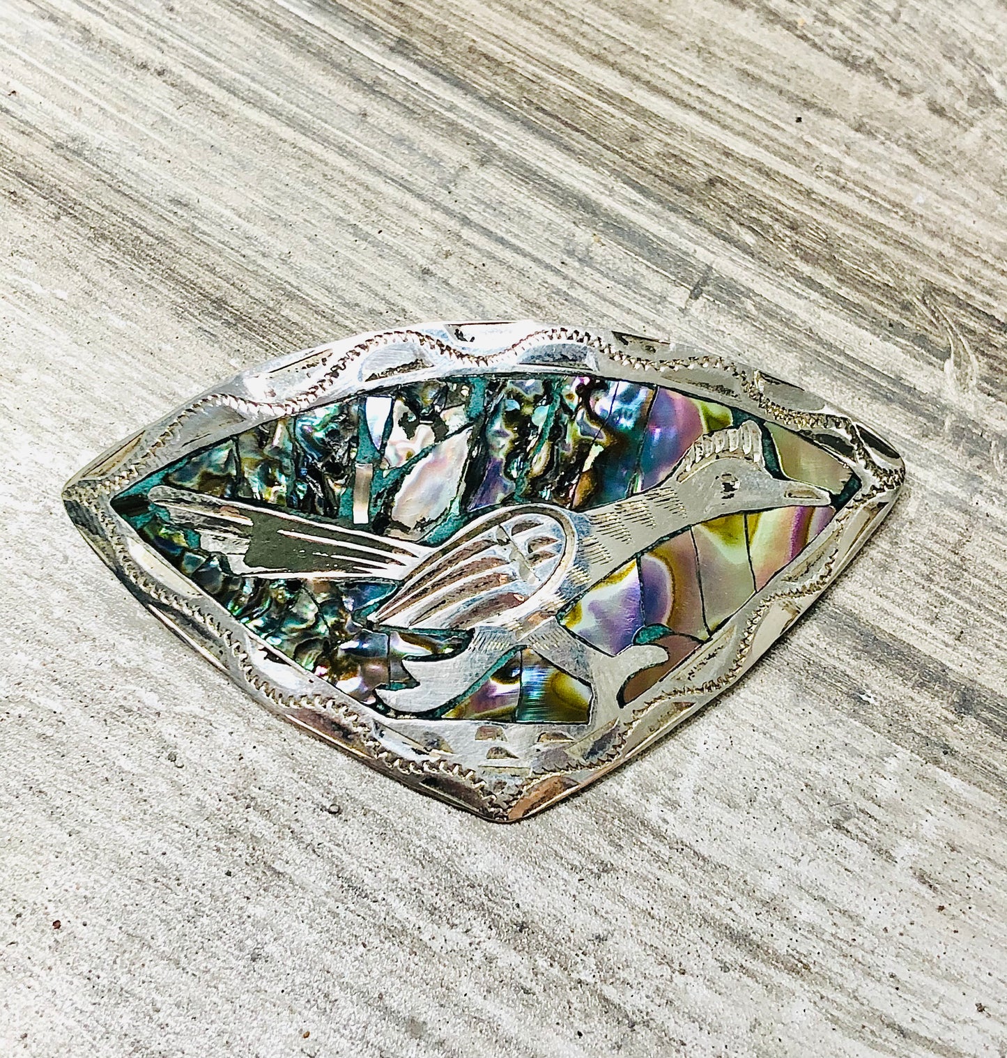 BEAUTIFUL Vintage Sterling Silver Road Runner Abalone Shell Inlay Bolo Signed