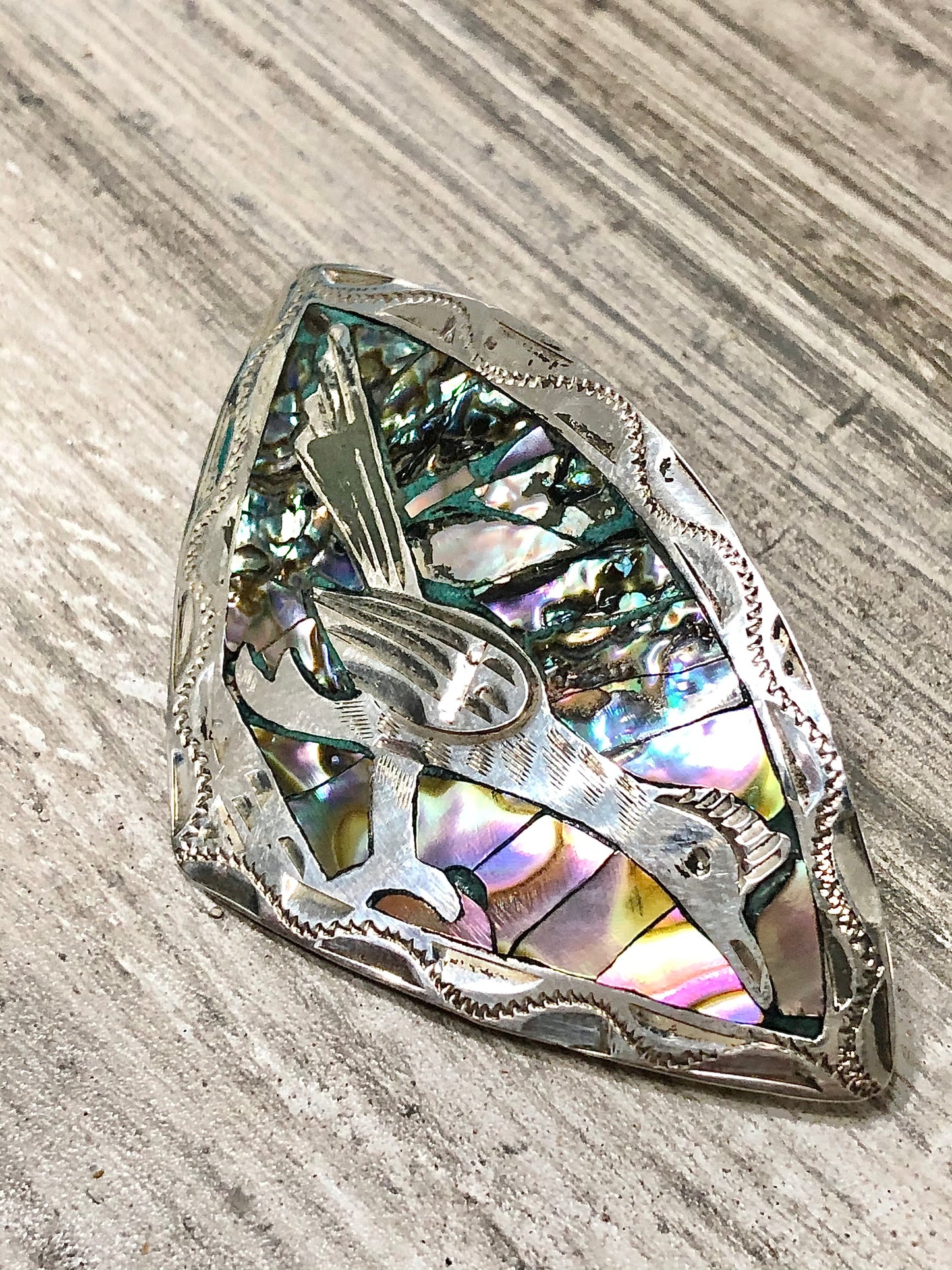 BEAUTIFUL Vintage Sterling Silver Road Runner Abalone Shell Inlay Bolo Signed