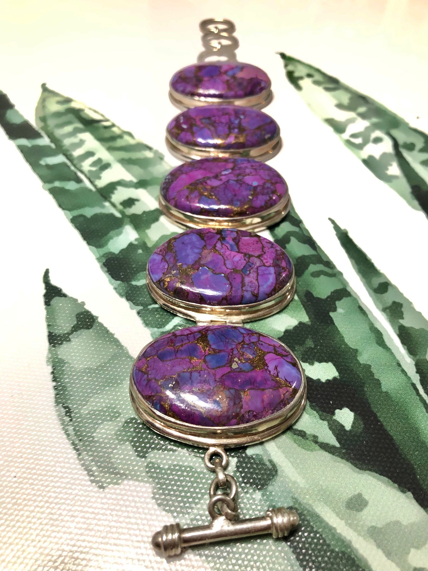 Large Sterling Silver Purple Copper Turquoise Signed Bracelet