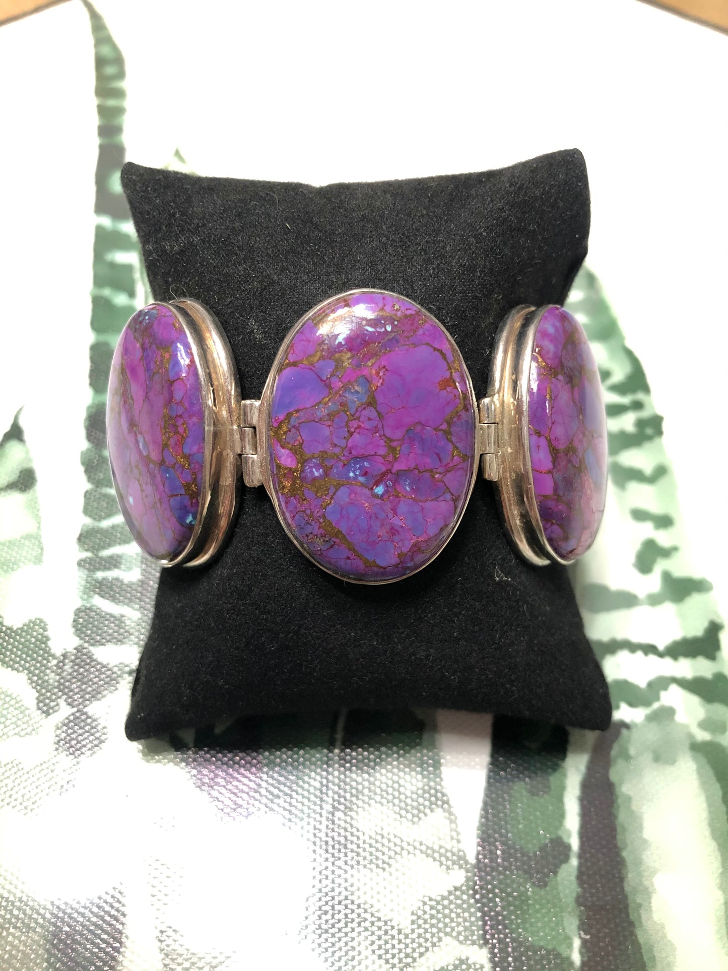 Large Sterling Silver Purple Copper Turquoise Signed Bracelet