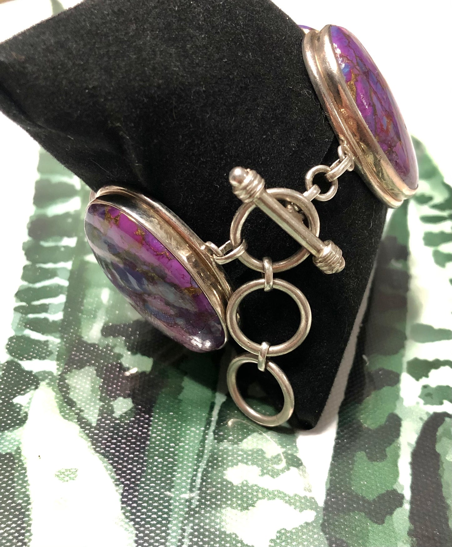 Large Sterling Silver Purple Copper Turquoise Signed Bracelet