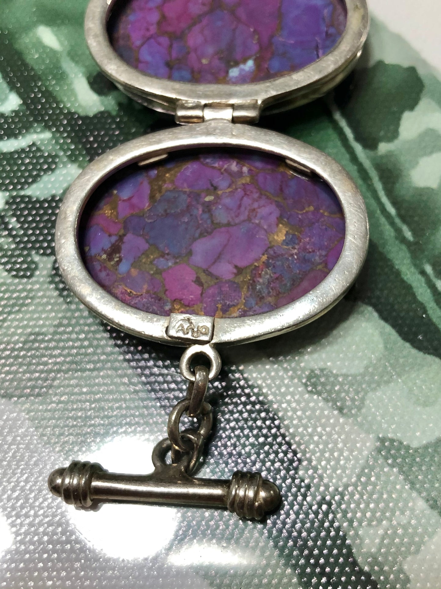 Large Sterling Silver Purple Copper Turquoise Signed Bracelet