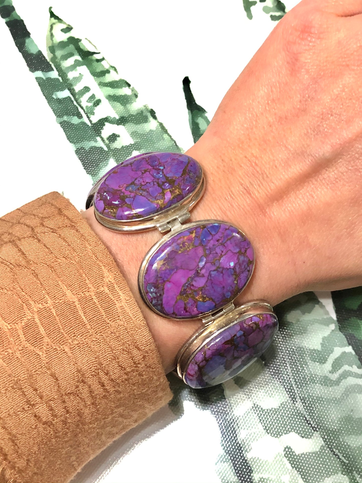 Large Sterling Silver Purple Copper Turquoise Signed Bracelet