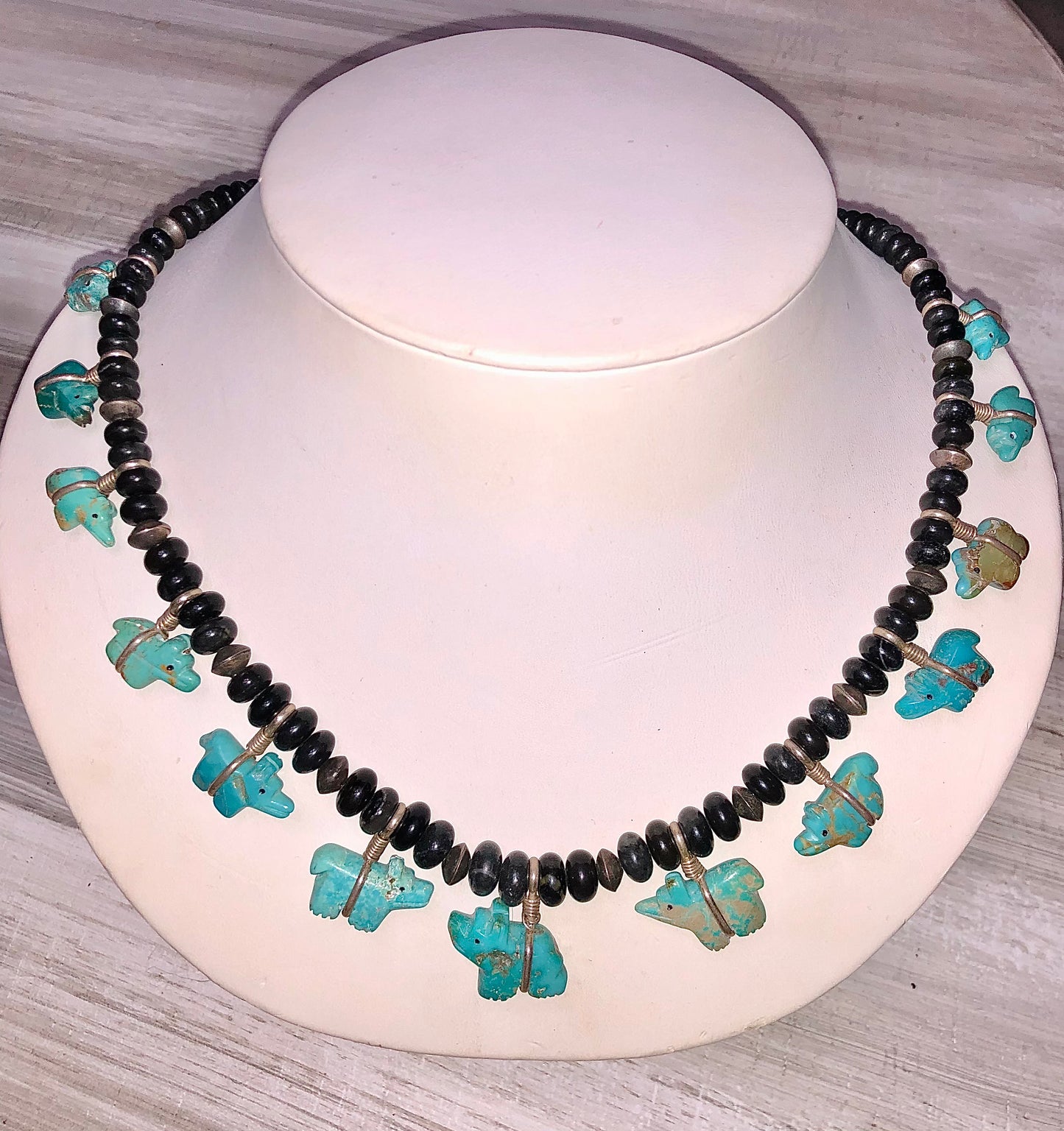 AMAZING Old Vintage Pawn Turquoise Bear + Black Stone Beads + Navajo Bead Adjustable Necklace