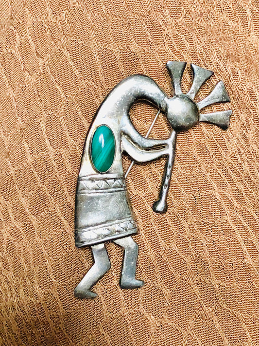 Old Vintage Sterling Silver Malachite Kokopelli Pin and Pendant
