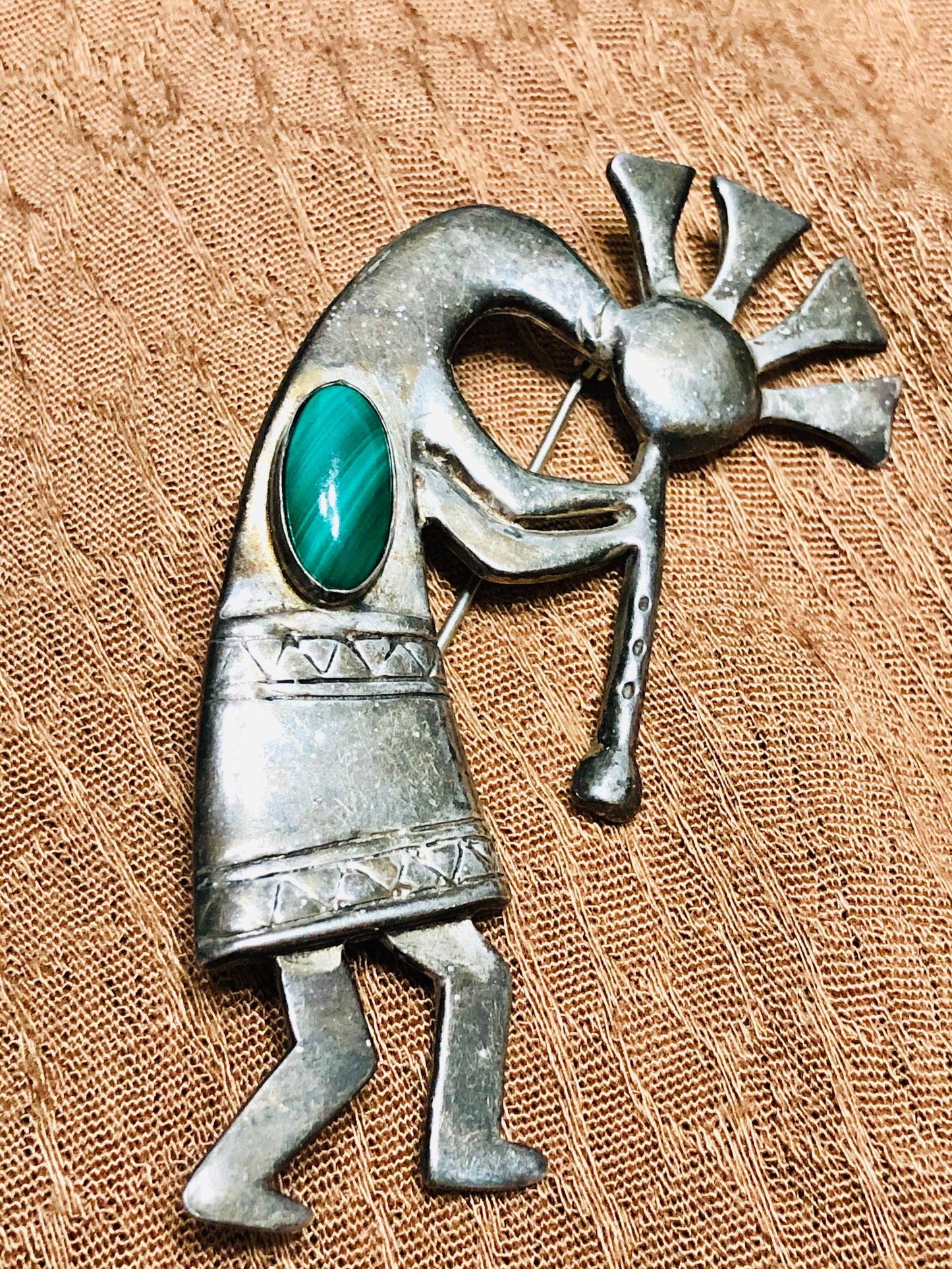 Old Vintage Sterling Silver Malachite Kokopelli Pin and Pendant