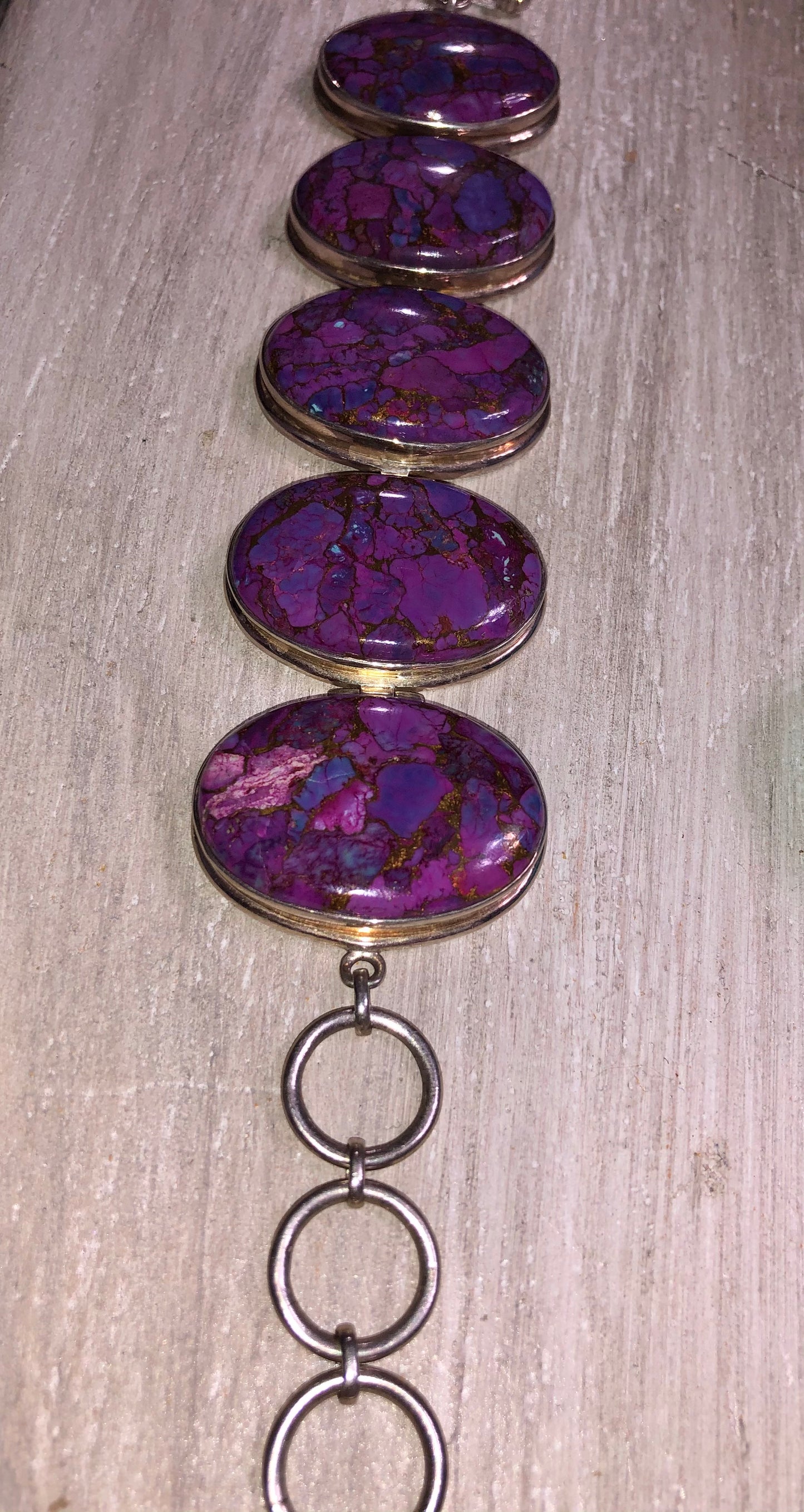 Large Sterling Silver Purple Copper Turquoise Signed Bracelet