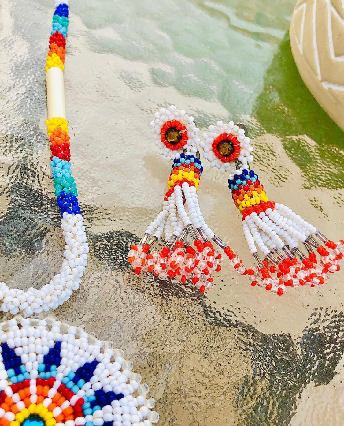Authentic Handmade Seed Bead Rosette Necklace and Earrings SET