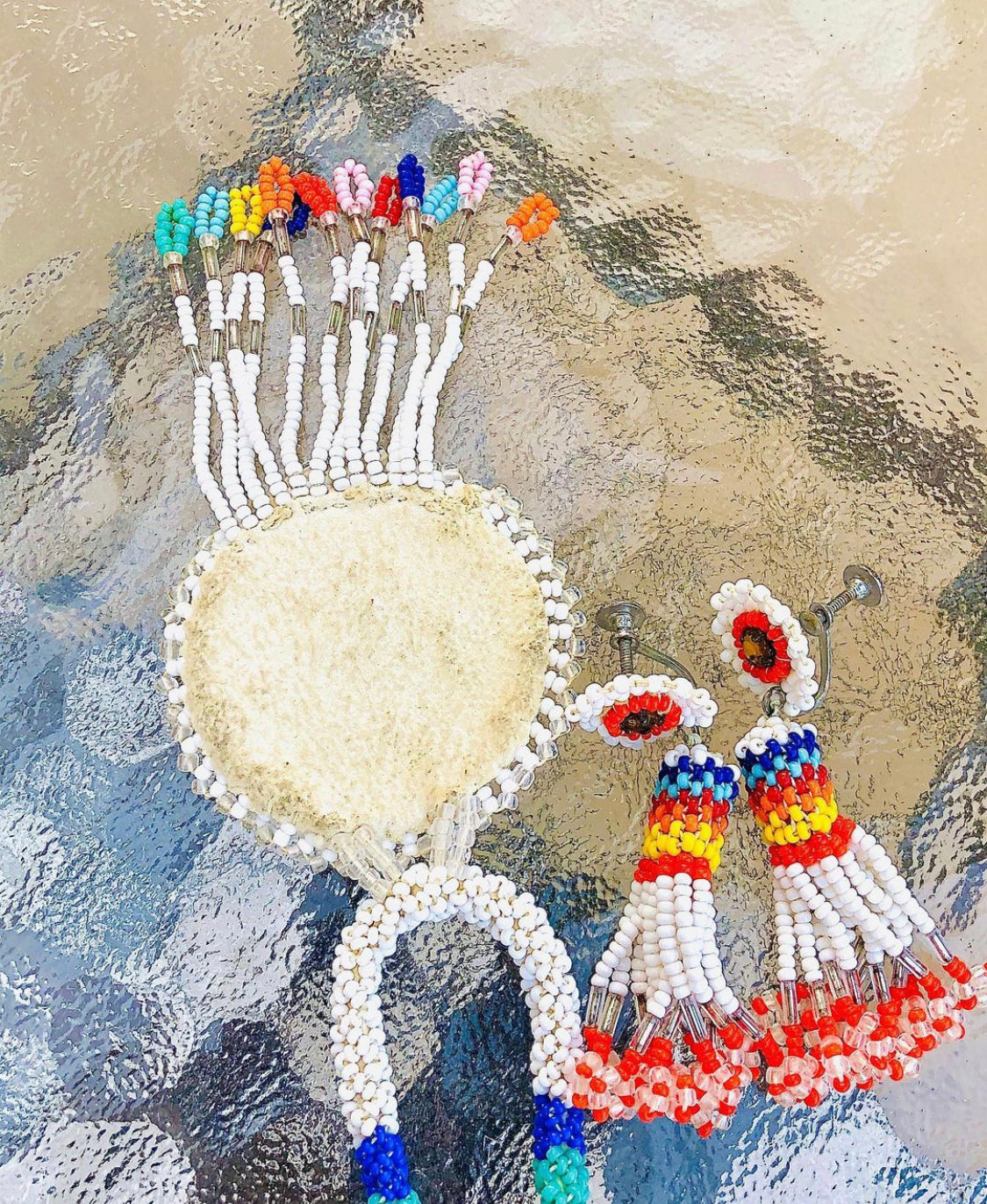 Authentic Handmade Seed Bead Rosette Necklace and Earrings SET