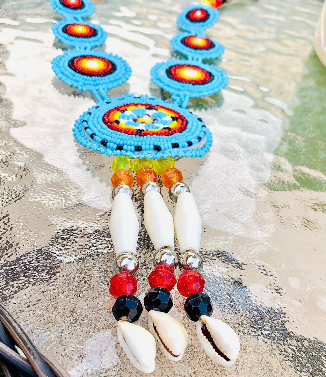 Authentic Handmade Turquoise Seed Bead Rosette Necklace