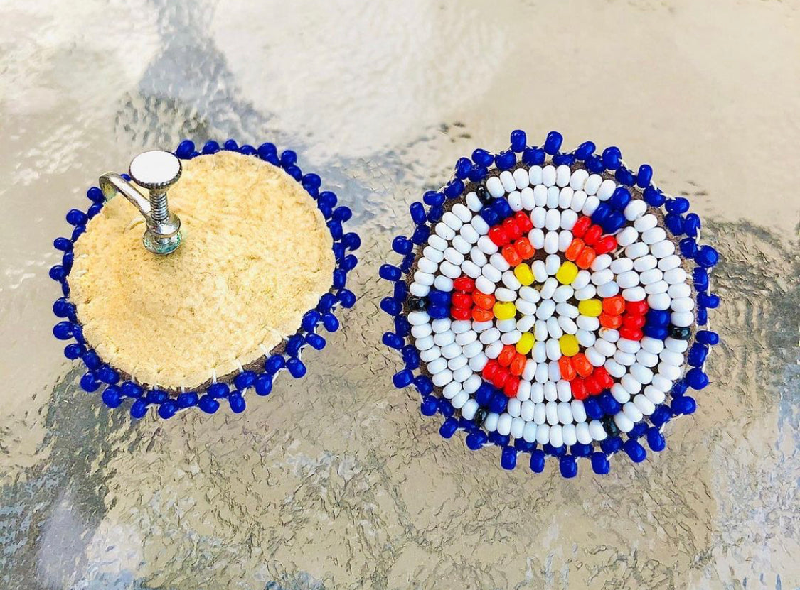 Authentic Handmade Vintage Navy Blue Seed Bead Rosette Earrings