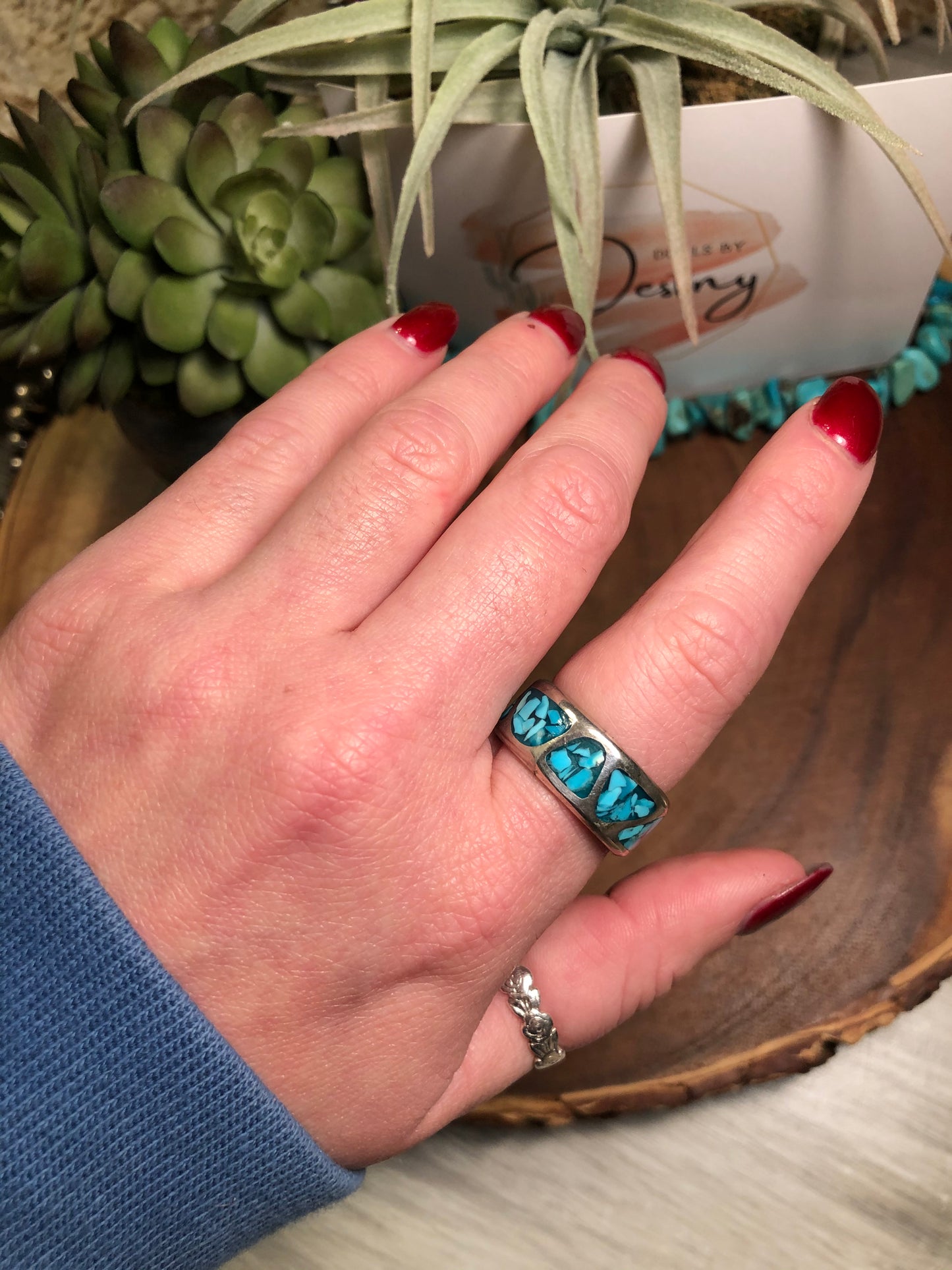 Vintage Sterling Silver Turquoise Chip Inlay Eternity Ring