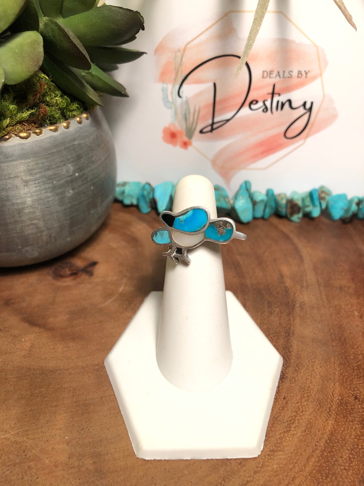Vintage Sterling Silver Turquoise and Mother of Pearl Bird Ring