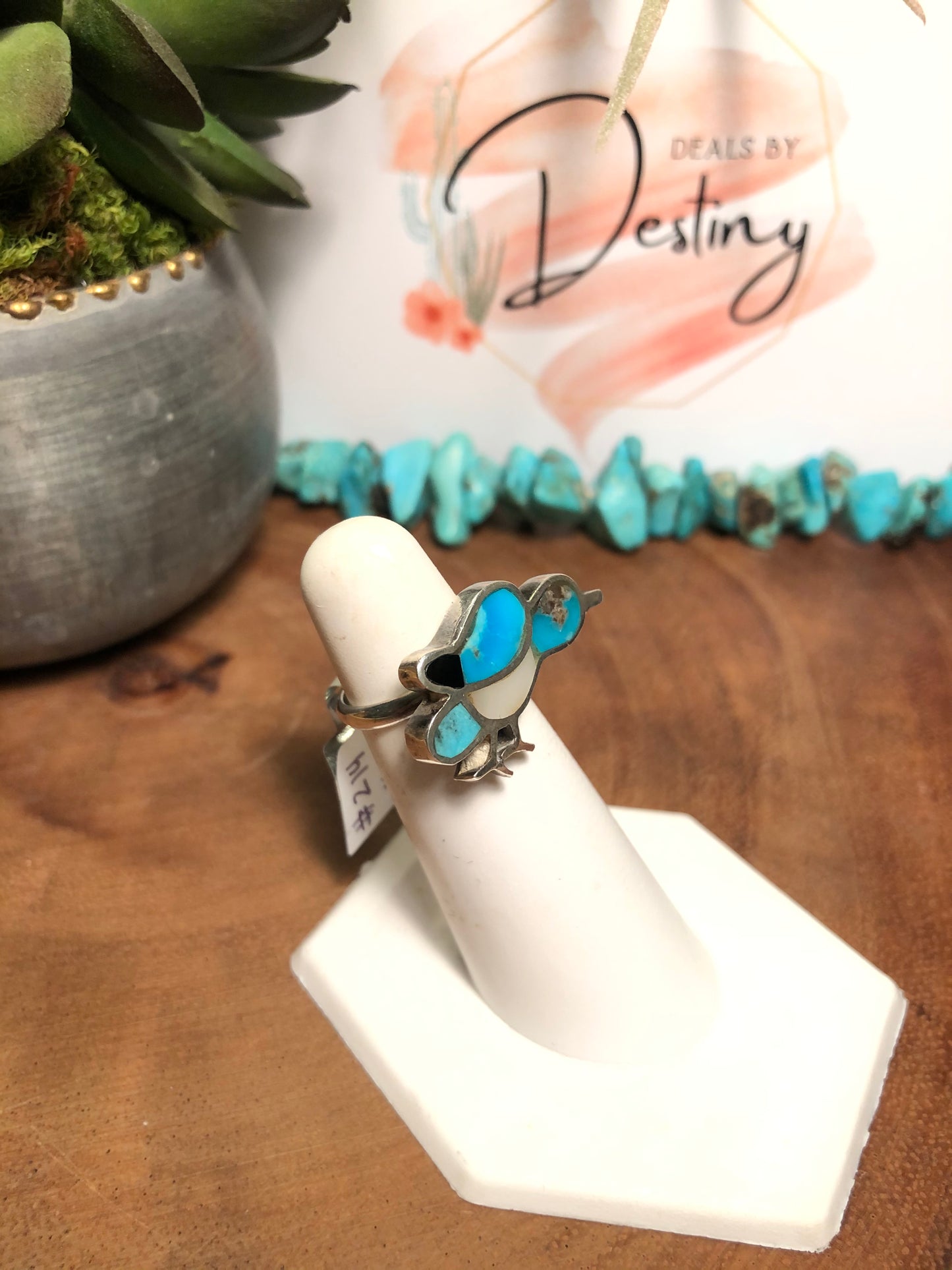 Vintage Sterling Silver Turquoise and Mother of Pearl Bird Ring
