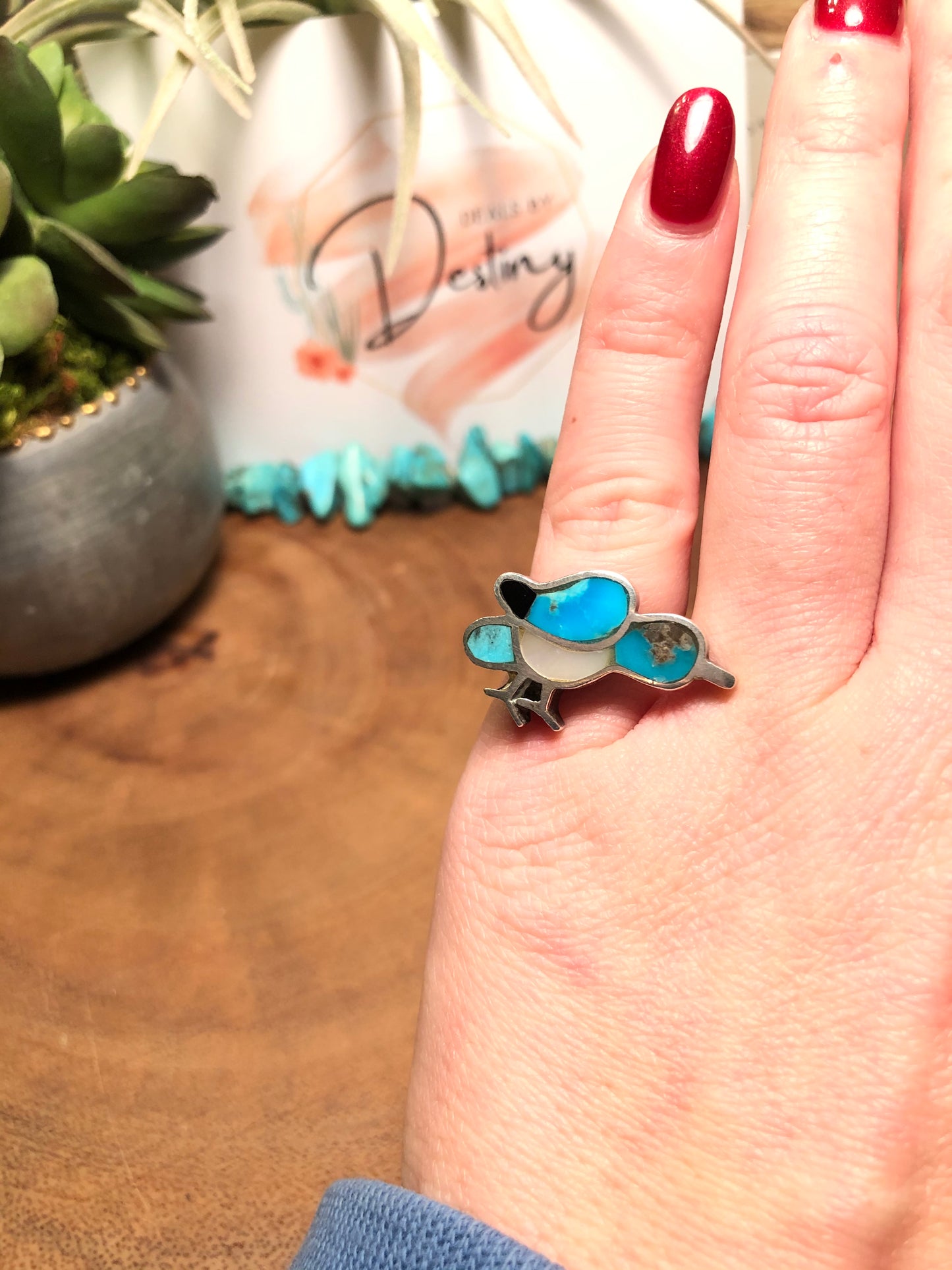 Vintage Sterling Silver Turquoise and Mother of Pearl Bird Ring