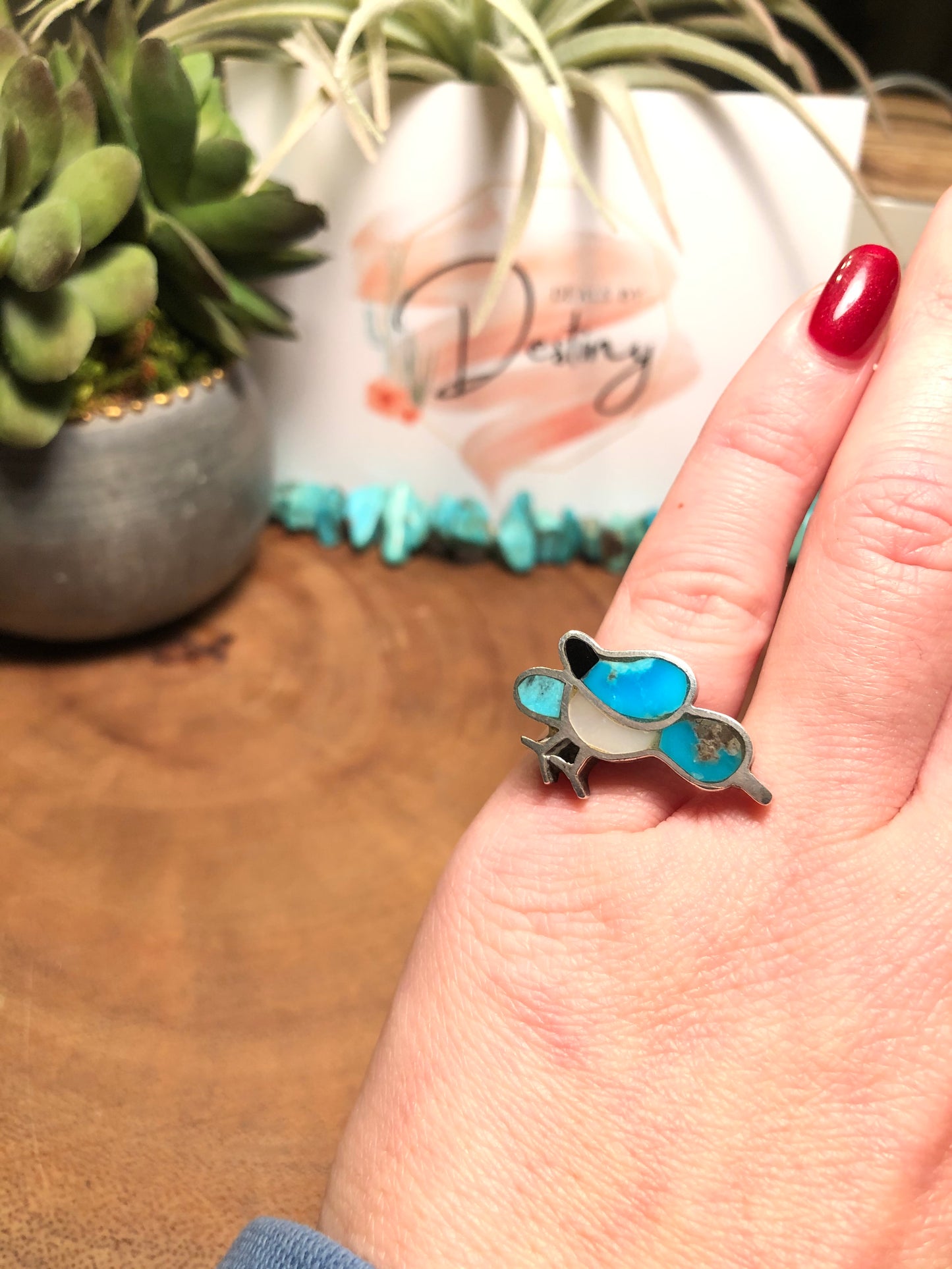 Vintage Sterling Silver Turquoise and Mother of Pearl Bird Ring