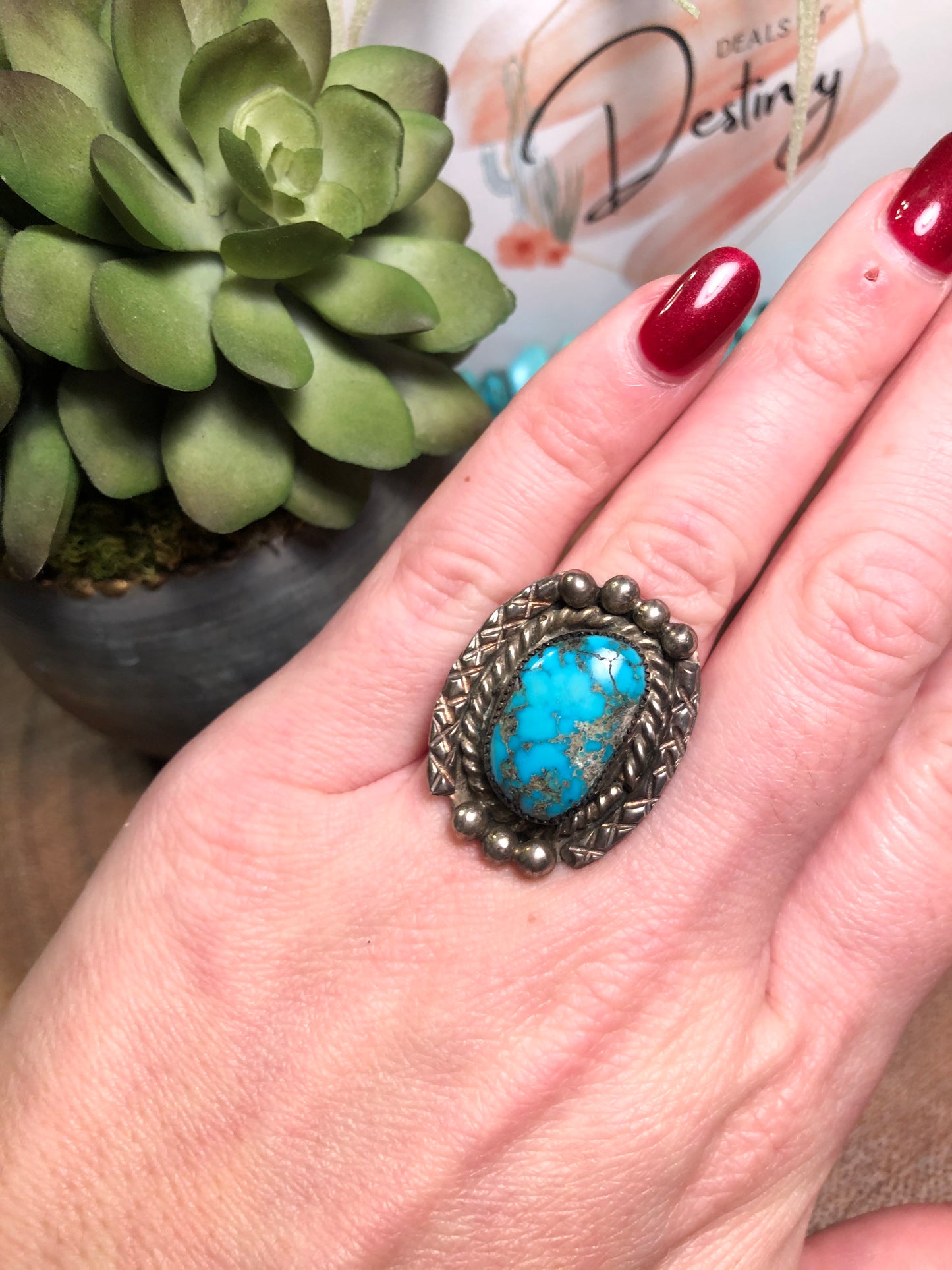 Old Pawn Large Vintage Sterling Turquoise Ring