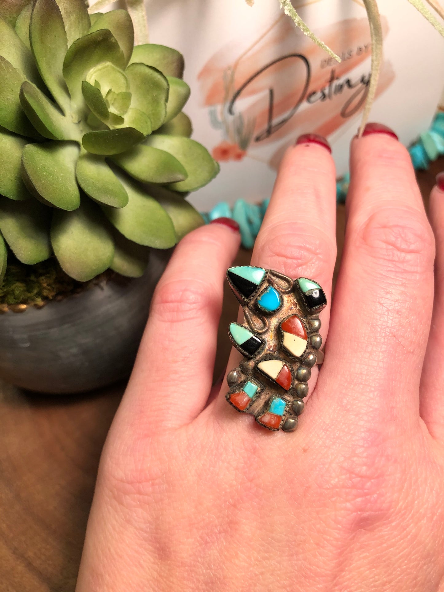 Vintage Sterling Multi-Stone Native American Mosaic Dancer Kachina Ring