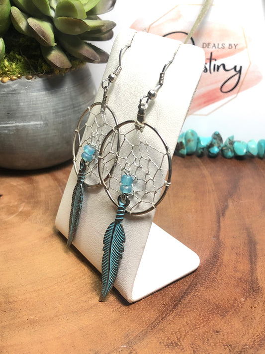 Large Dream Catcher Turquoise Feather Earrings