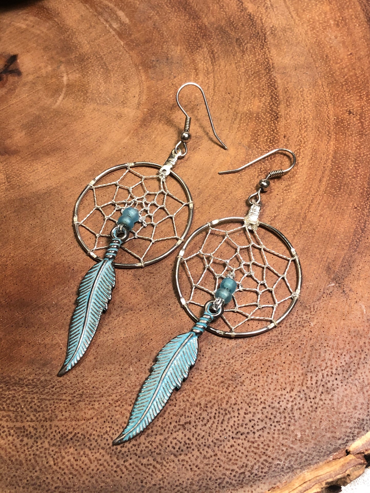 Large Dream Catcher Turquoise Feather Earrings