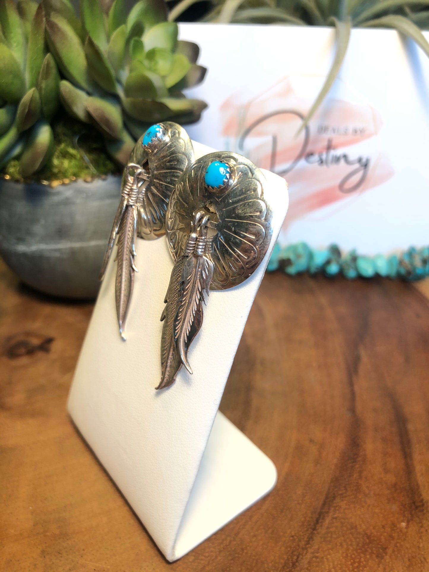 Feather and Turquoise Vintage Sterling Earrings