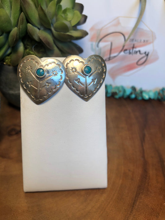Vintage Sterling Silver Heart and Flower Turquoise Earrings