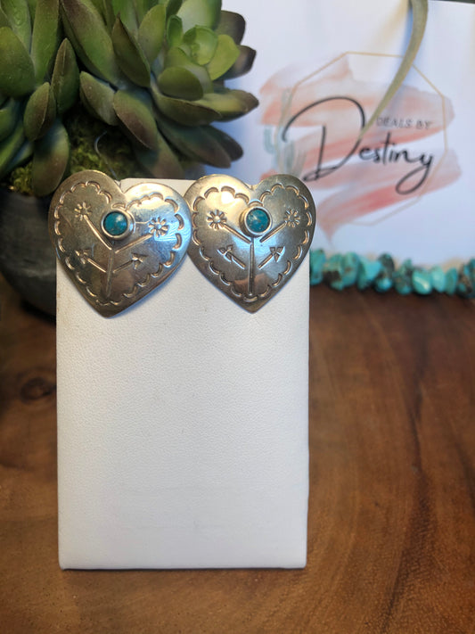 Vintage Sterling Silver Heart and Flower Turquoise Earrings