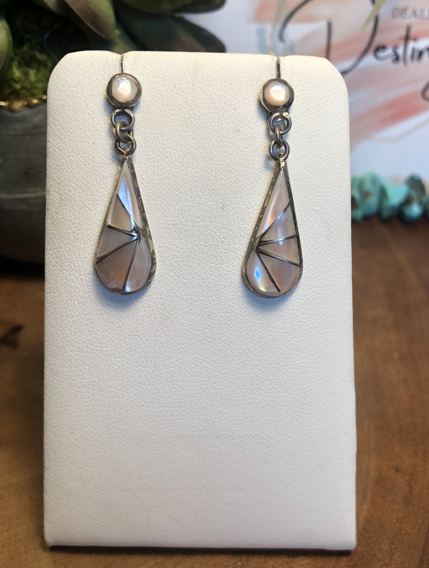 Vintage Sterling Mother of Pearl Signed by Artist Dangle Earrings